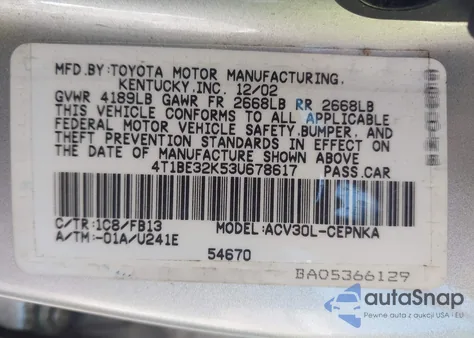 2003 Toyota Camry Le из США, поврежденный, VIN 4T1BE32K53U678617